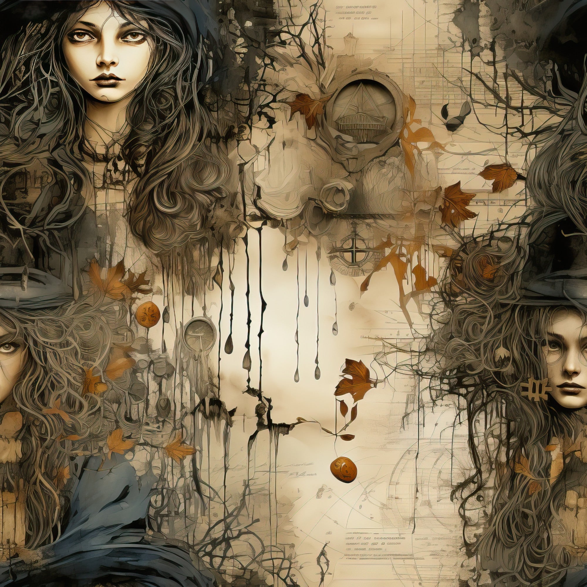 witchy, halloween, autumn leaves, mystical woman, long flowing hair, botanical elements, vintage style, sepia tones, brown, beige, orange accents, gothic art, fantasy illustration,, fabric panel, occult symbols, ethereal mood, seasonal design, fall colors, mystical portraits