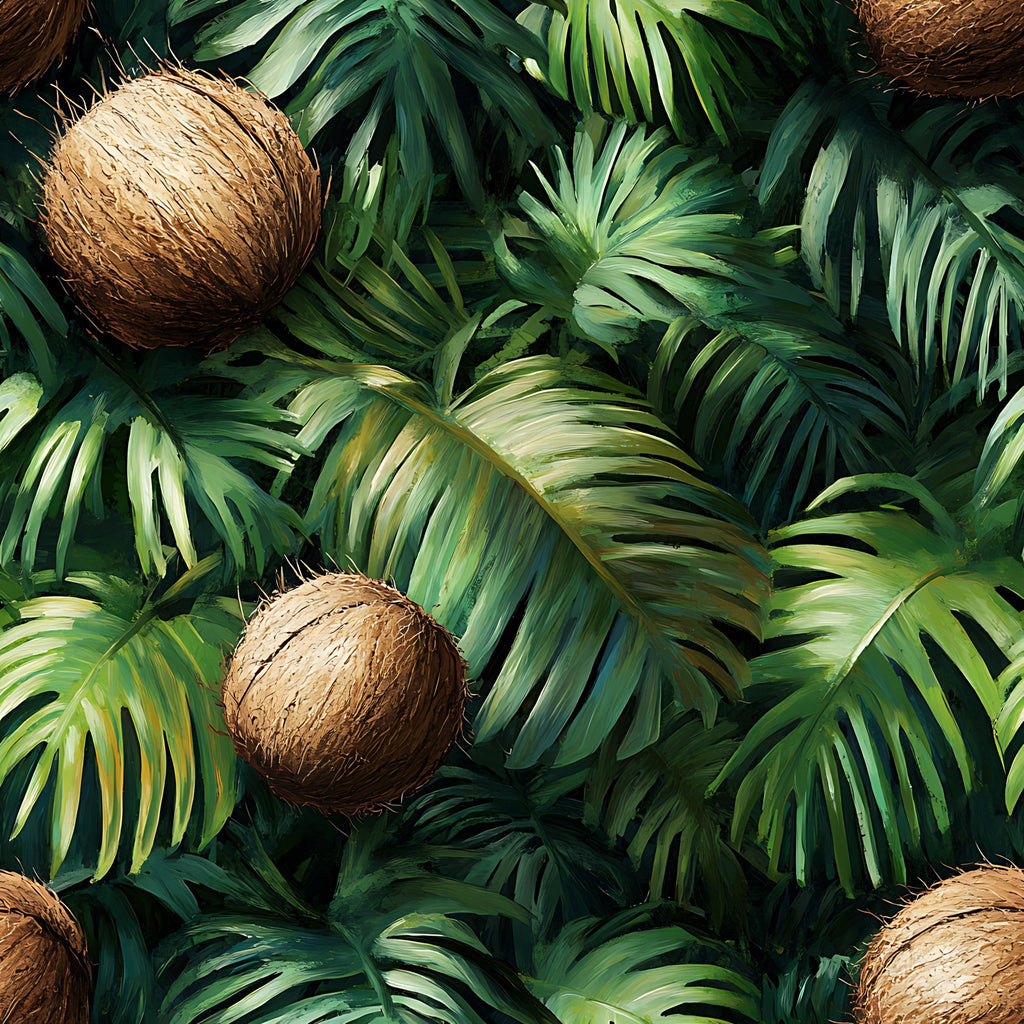 brown coconuts, green palm leaves, tropical pattern, jungle foliage, lush vegetation, emerald green, forest green, lime green, golden brown, coconut brown, botanical design, tropical paradise, rainforest theme, dense foliage, layered leaves,, fabric panel, summer vibes, exotic plants, nature motif