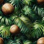 brown coconuts, green palm leaves, tropical pattern, jungle foliage, lush vegetation, emerald green, forest green, lime green, golden brown, coconut brown, botanical design, tropical paradise, rainforest theme, dense foliage, layered leaves,, fabric panel, summer vibes, exotic plants, nature motif