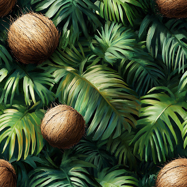 brown coconuts, green palm leaves, tropical pattern, jungle foliage, lush vegetation, emerald green, forest green, lime green, golden brown, coconut brown, botanical design, tropical paradise, rainforest theme, dense foliage, layered leaves,, fabric panel, summer vibes, exotic plants, nature motif