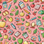 coral pink background, school supplies, apples, leaves, books, pencils, watercolor bottles, notebooks, cherries, green apples, red apples, yellow apples, art supplies, paintbrushes, educational theme, back to school,, fabric panel, scattered pattern, cartoon style, bright colors, academic motifs, student supplies, classroom items