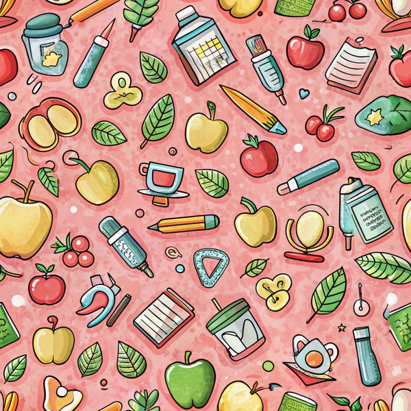 coral pink background, school supplies, apples, leaves, books, pencils, watercolor bottles, notebooks, cherries, green apples, red apples, yellow apples, art supplies, paintbrushes, educational theme, back to school,, fabric panel, scattered pattern, cartoon style, bright colors, academic motifs, student supplies, classroom items