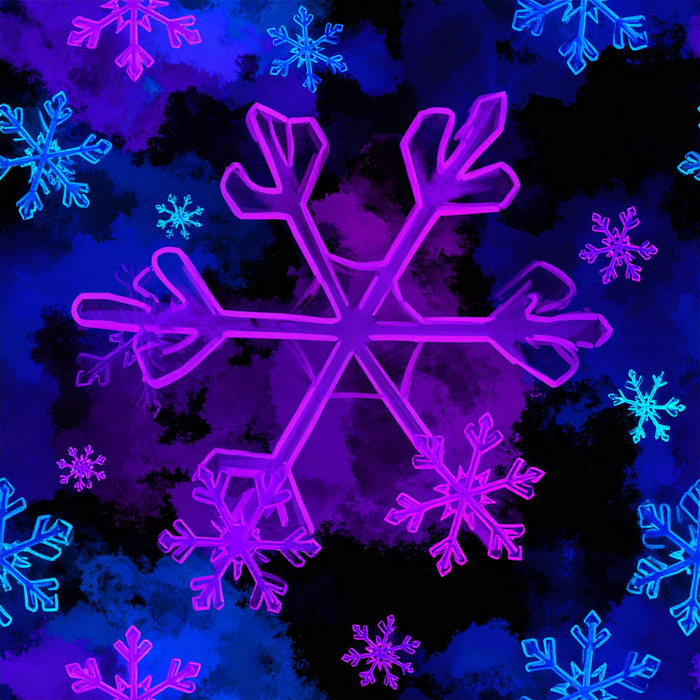 neon snowflakes, magenta neon, cyan blue, electric pink, purple blue ombre, glowing snowflakes, winter theme, holiday theme, christmas, frozen, neon lights, glow in the dark style, modern geometric, abstract winter, celestial vibes, playroom, kids room, winter wonderland, festive, contemporary, bold colors, high contrast, neon aesthetic, winter sports, ice crystal, frosty, cool tones, vibrant, dark background, luminous effect