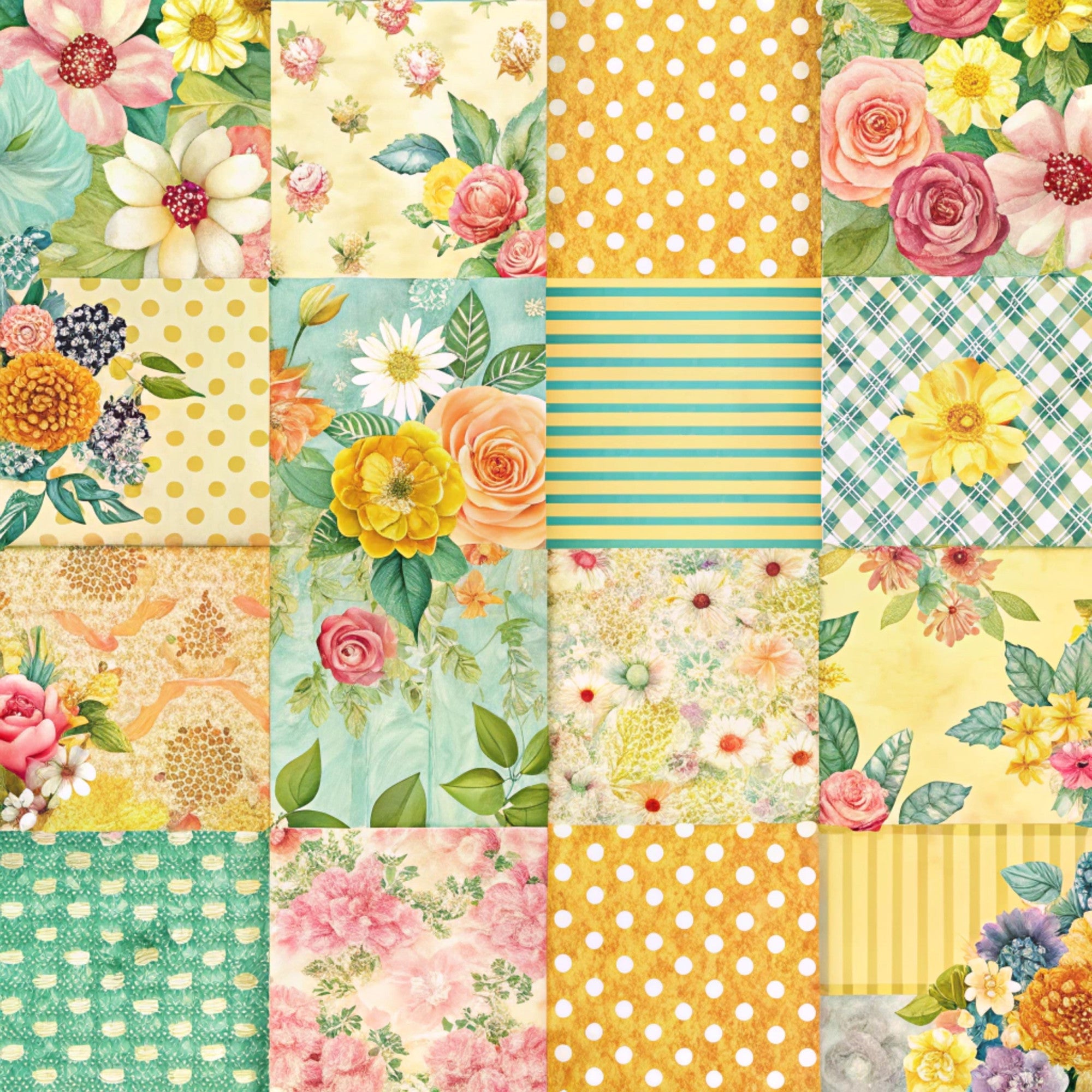spring flowers, patchwork squares,, floral motifs, roses, daisies, polka dots, stripes, plaid pattern, yellow background, pink flowers, turquoise accents, orange blooms, botanical elements, cottage core, pastel palette, geometric patterns, fabric panel, spring theme, vintage florals