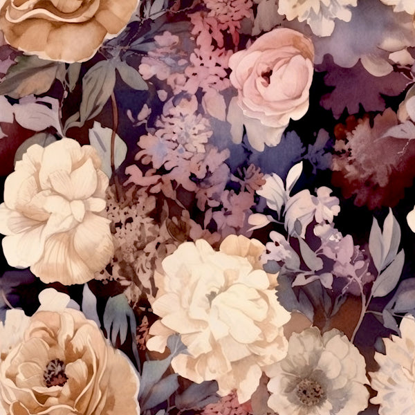 dusty rose, mauve, burgundy, cream, blush pink, soft purple, taupe, pale gold, floral, roses, peonies, botanical, vintage floral, garden flowers, elegant, romantic, traditional, nature-inspired, feminine, spring, summer, wedding, bridal, garden theme, soft colors, muted tones, layered florals, watercolor style