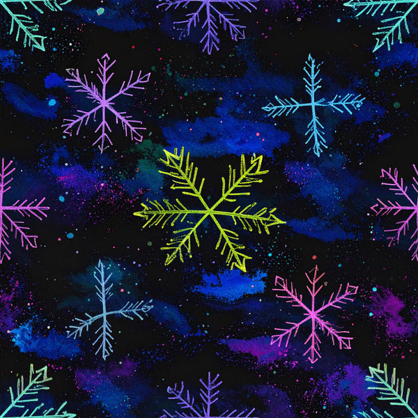neon snowflakes, cyan blue, hot pink, purple, yellow, black background, galaxy, cosmic, starry, winter, christmas, holiday, neon glow, fluorescent, geometric snowflakes, modern, whimsical, celestial theme, winter wonderland, festive, night sky, space themed, colorful snowflakes, playroom, kids room, nursery, contemporary, vibrant colors, abstract background, splatter paint effect