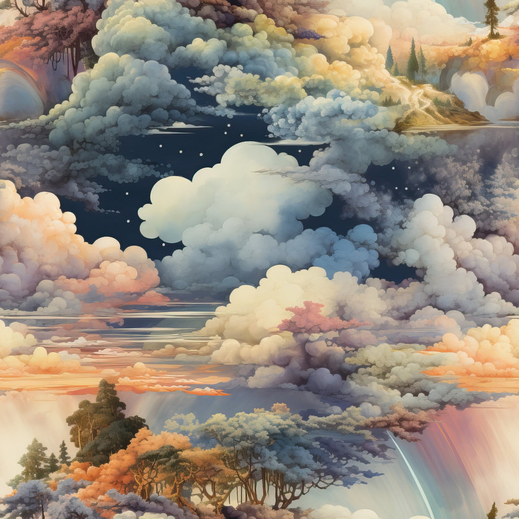 clouds, sky, dreamy, whimsical, blue, orange, pink, yellow, gray, white, puffy clouds, celestial, stars, trees, landscape, ethereal, soft pastels,, fabric panel, nature scene, atmospheric, sunset colors, storm clouds