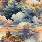 clouds, sky, dreamy, whimsical, blue, orange, pink, yellow, gray, white, puffy clouds, celestial, stars, trees, landscape, ethereal, soft pastels,, fabric panel, nature scene, atmospheric, sunset colors, storm clouds