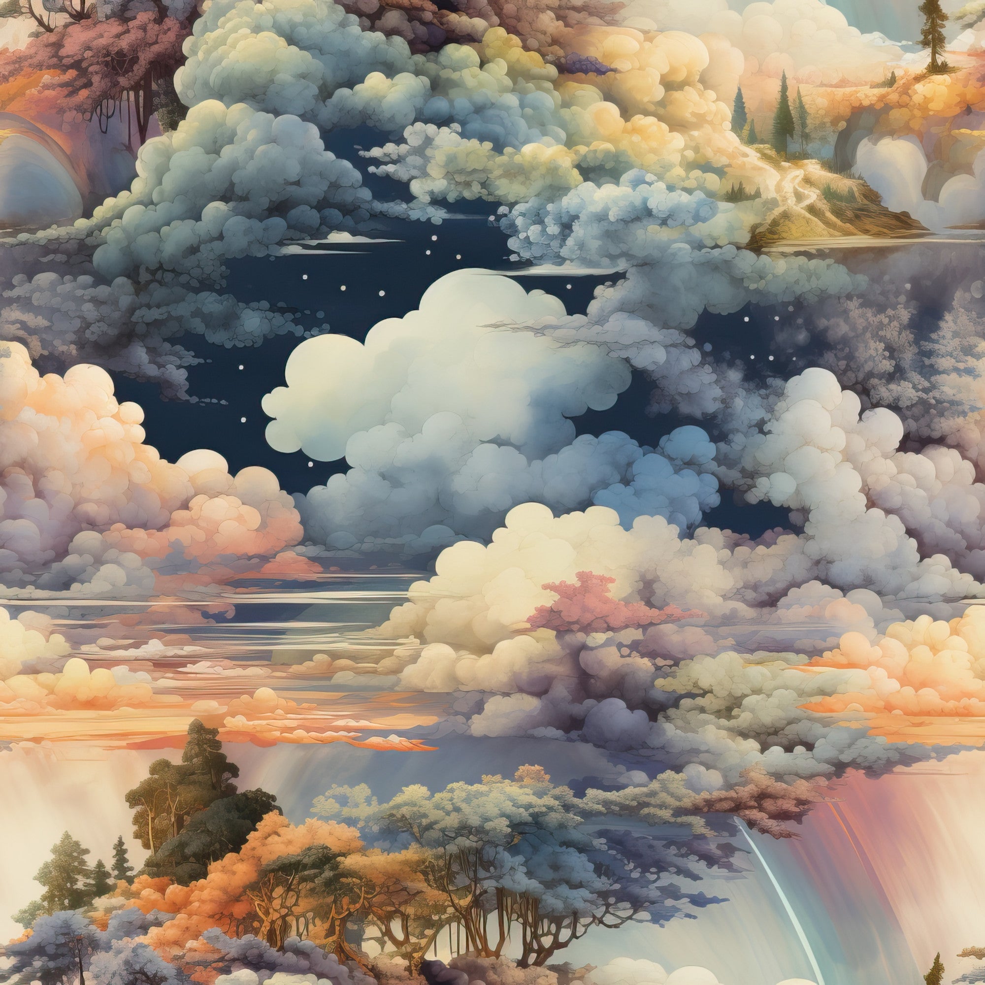clouds, sky, dreamy, whimsical, blue, orange, pink, yellow, gray, white, puffy clouds, celestial, stars, trees, landscape, ethereal, soft pastels,, fabric panel, nature scene, atmospheric, sunset colors, storm clouds