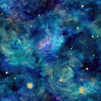 deep blue, navy blue, teal, turquoise, purple, gold stars, swirling patterns, spiral design, cosmic nebula, night sky, celestial theme, astronomical art, dreamy atmosphere, van gogh inspired, impressionistic style,, fabric panel, starfield, galactic swirls, luminous accents