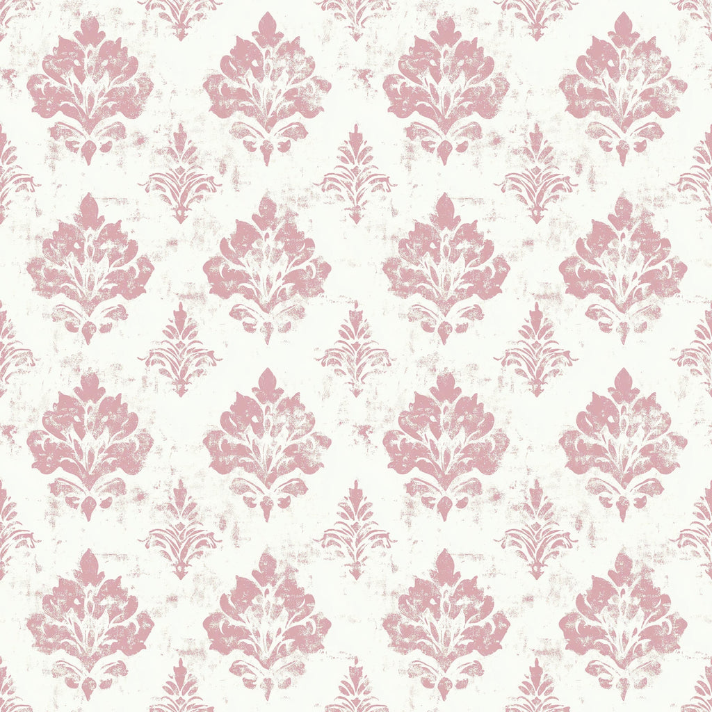 pink, dusty rose, cream, ivory, damask pattern, floral motifs, ornate design, distressed texture, vintage style, shabby chic, baroque elements, decorative flourishes,, fabric panel, romantic aesthetic, weathered appearance, repeating pattern, elegant motifs, soft pastels, antique finish