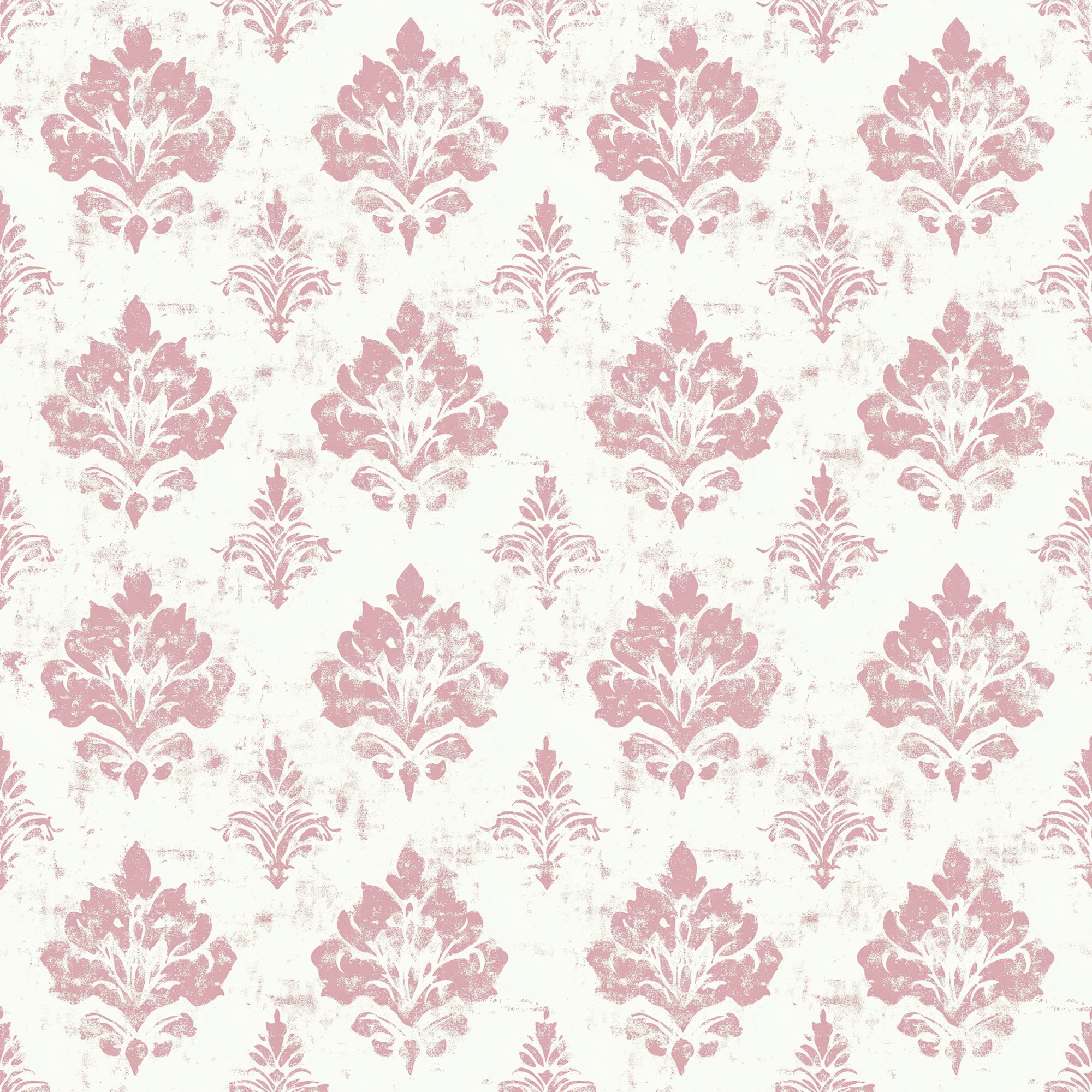 pink, dusty rose, cream, ivory, damask pattern, floral motifs, ornate design, distressed texture, vintage style, shabby chic, baroque elements, decorative flourishes,, fabric panel, romantic aesthetic, weathered appearance, repeating pattern, elegant motifs, soft pastels, antique finish