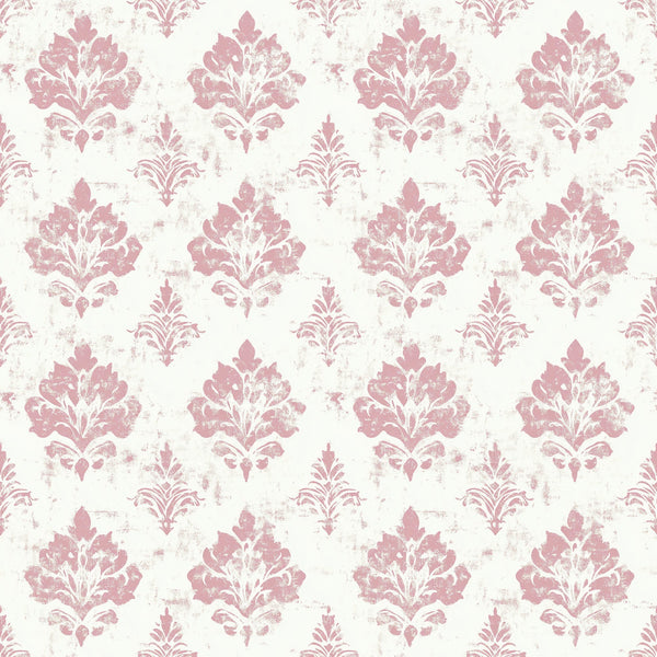 pink, dusty rose, cream, ivory, damask pattern, floral motifs, ornate design, distressed texture, vintage style, shabby chic, baroque elements, decorative flourishes,, fabric panel, romantic aesthetic, weathered appearance, repeating pattern, elegant motifs, soft pastels, antique finish