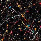 black background, multicolored splashes, paint splatters, abstract design, vibrant colors, red drops, yellow splashes, blue paint, pink splatters, orange drips, white dots, colorful drips, artistic pattern, modern art style,, fabric panel, contemporary design, paint drips, splatter art, rainbow colors