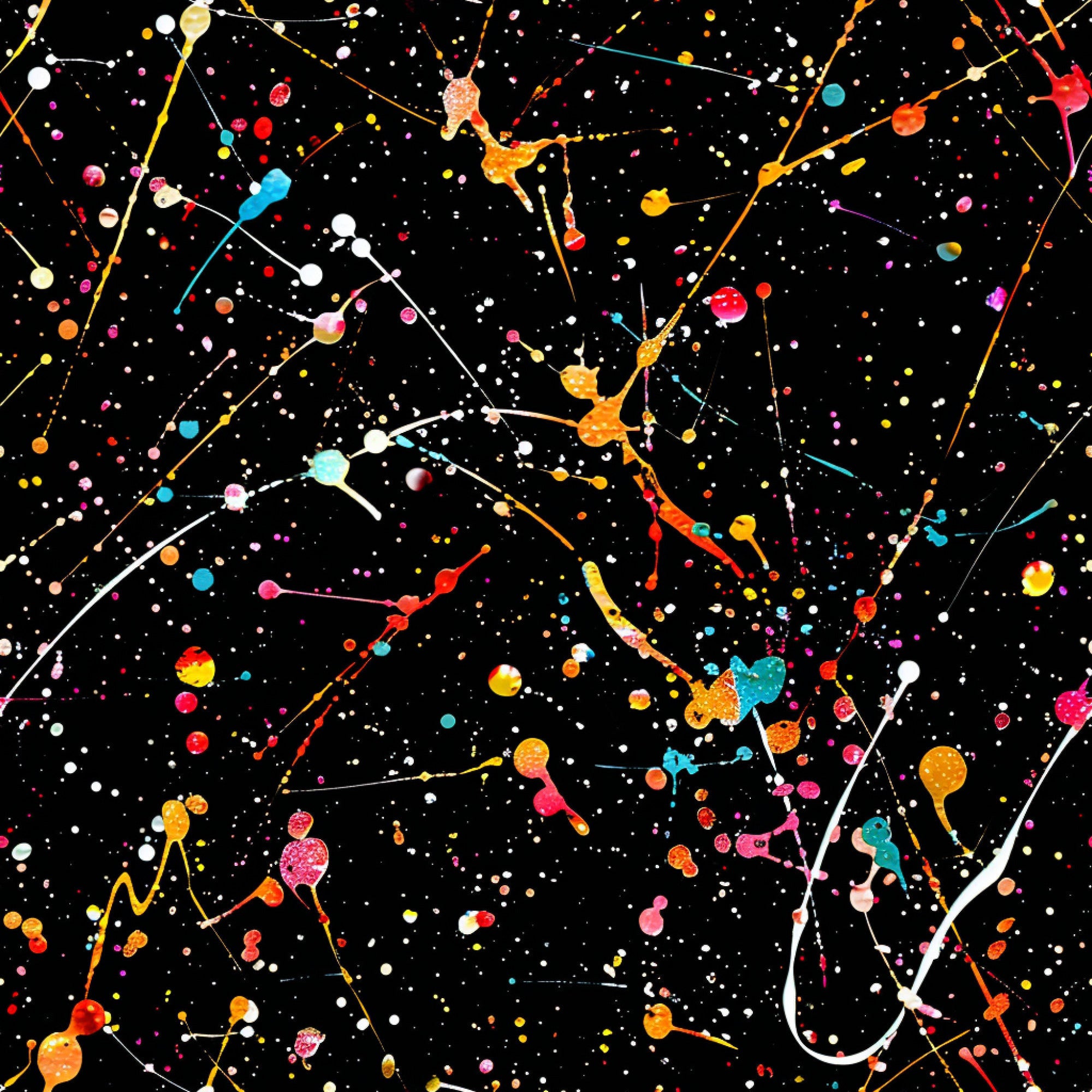 black background, multicolored splashes, paint splatters, abstract design, vibrant colors, red drops, yellow splashes, blue paint, pink splatters, orange drips, white dots, colorful drips, artistic pattern, modern art style,, fabric panel, contemporary design, paint drips, splatter art, rainbow colors