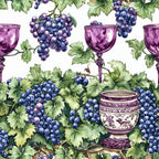 purple, blue, green, white, grapes, grape clusters, wine glasses, goblets, grapevines, leaves, botanical, vineyard, wine themed, watercolor style, repeating pattern,, fabric panel, vintage vessels, decorative pottery, wine country