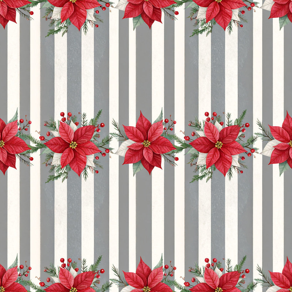 red poinsettia, crimson red, cream white, gray striped, evergreen, holiday floral, christmas, festive, traditional, elegant, botanical, poinsettia flowers, berries, pine branches, striped background, seasonal, winter, decorative, red and white, nature inspired, classic holiday, vertical stripes, two-tone striped, timeless, festive decor, holiday themed, red florals, greenery accents, christmas flowers