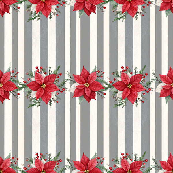 red poinsettia, crimson red, cream white, gray striped, evergreen, holiday floral, christmas, festive, traditional, elegant, botanical, poinsettia flowers, berries, pine branches, striped background, seasonal, winter, decorative, red and white, nature inspired, classic holiday, vertical stripes, two-tone striped, timeless, festive decor, holiday themed, red florals, greenery accents, christmas flowers