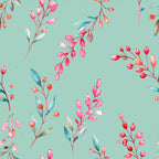 mint green, coral pink, dusty rose, soft pink, red berries, floral, botanical, nature, spring, summer, whimsical, delicate, watercolor, hand-painted, berries, buds, leaves, branches, elegant, feminine, modern, nursery, baby room, kids room, garden, wildflower, natural, soft colors, romantic, vintage botanical
