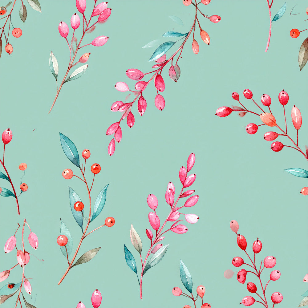 mint green, coral pink, dusty rose, soft pink, red berries, floral, botanical, nature, spring, summer, whimsical, delicate, watercolor, hand-painted, berries, buds, leaves, branches, elegant, feminine, modern, nursery, baby room, kids room, garden, wildflower, natural, soft colors, romantic, vintage botanical