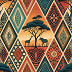 african tribal, geometric patterns, diamond shapes, acacia tree, giraffe silhouettes, elephant silhouettes, safari animals, orange sunset, teal blue, rust red, cream beige, earth tones, tribal motifs, savanna landscape,, fabric panel, ethnic design, nature scene, warm colors, triangular patterns