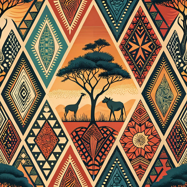 african tribal, geometric patterns, diamond shapes, acacia tree, giraffe silhouettes, elephant silhouettes, safari animals, orange sunset, teal blue, rust red, cream beige, earth tones, tribal motifs, savanna landscape,, fabric panel, ethnic design, nature scene, warm colors, triangular patterns