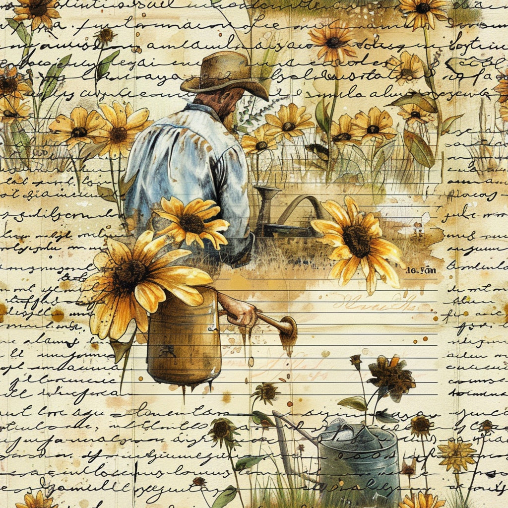 golden yellow, brown, cream, beige, watercolor style, sunflowers, farmer, watering can, gardening scene, country life, rustic, vintage feel,, fabric panel, botanical elements, pastoral scene, earth tones, floral motifs, rural lifestyle, handwritten script