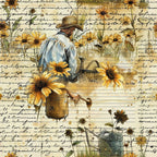 golden yellow, brown, cream, beige, watercolor style, sunflowers, farmer, watering can, gardening scene, country life, rustic, vintage feel,, fabric panel, botanical elements, pastoral scene, earth tones, floral motifs, rural lifestyle, handwritten script