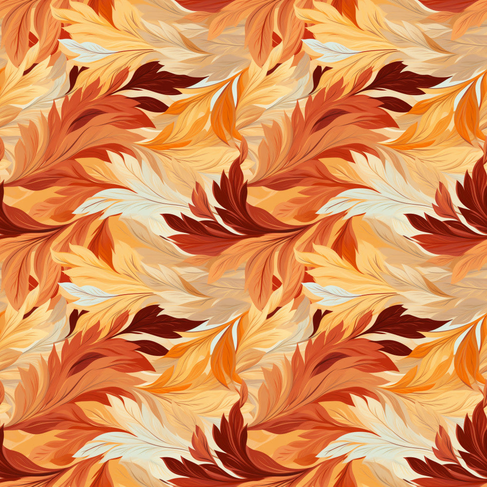 burnt orange, rust red, golden yellow, cream, warm autumn tones, feather pattern, flowing leaves, abstract swirls, nature-inspired, botanical, flame design, organic, elegant, modern, autumn, fall, thanksgiving, thanksgiving decor, warm color palette, sophisticated, decorative, artistic, dynamic movement, home decor, bedding, nursery, kids room, playroom
