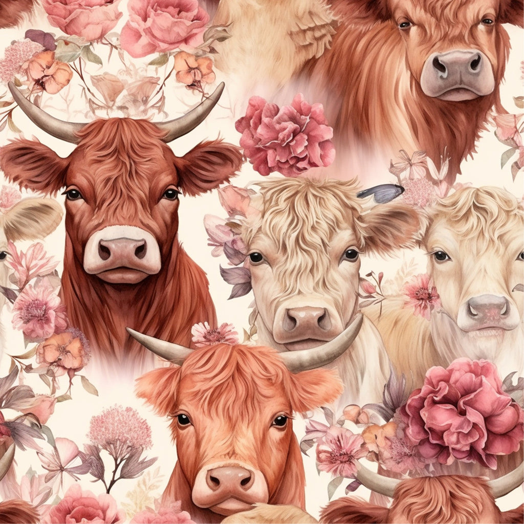 highland cows, floral pattern, pink flowers, peach tones, cream background, pastoral animals, watercolor style,, fabric panel, bovine faces, rustic charm, soft pastels, country farmhouse, repeating design, gentle expression, flowing manes, horned cattle, botanical elements, warm hues, whimsical artwork