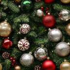 christmas ornaments, red baubles, silver ornaments, gold decorations, green foliage, evergreen branches, pine needles, white snowflakes, burgundy accents, metallic finish, holiday pattern, festive design, winter theme, realistic style,, fabric panel, christmas fabric, ornament collection, pine cones, cranberries