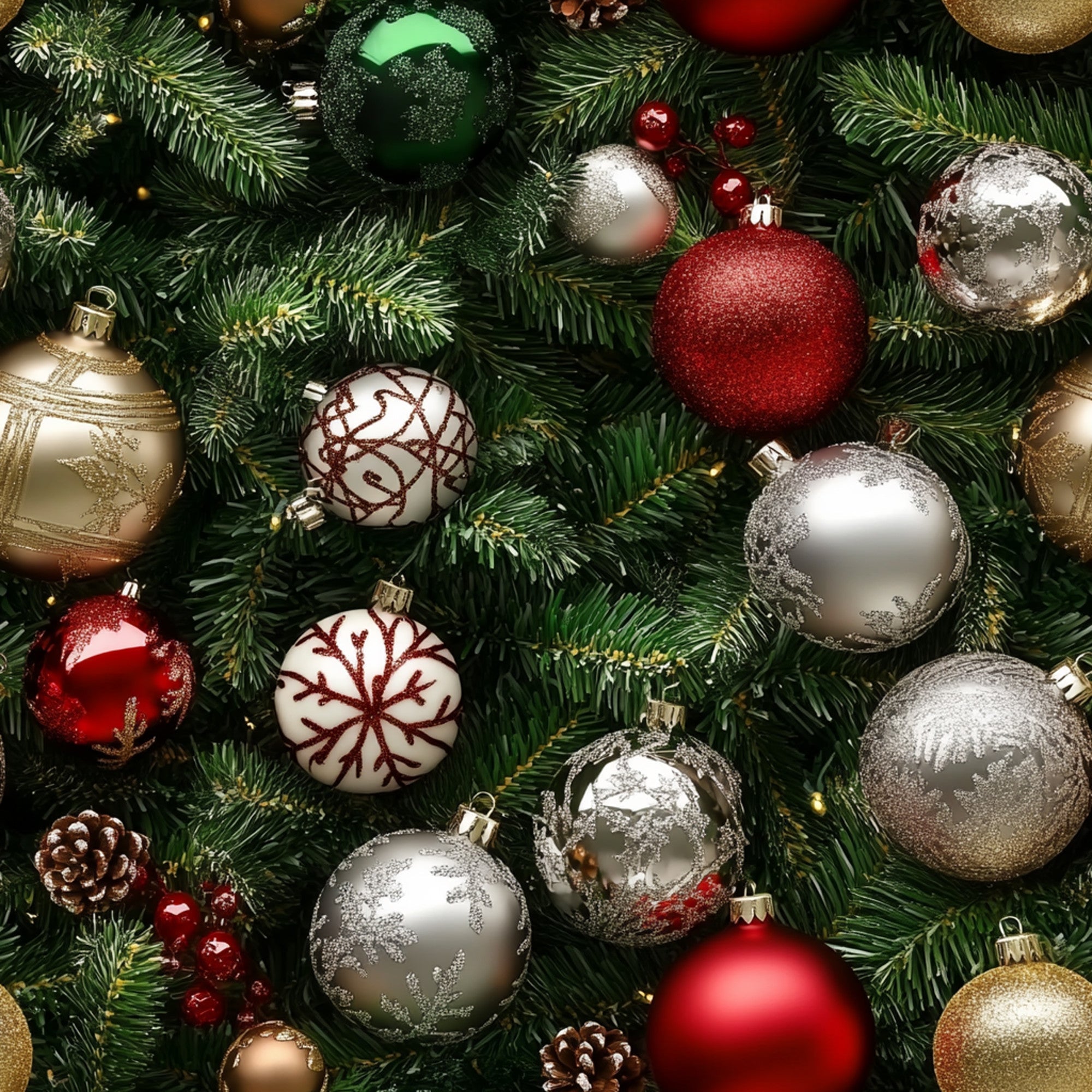 christmas ornaments, red baubles, silver ornaments, gold decorations, green foliage, evergreen branches, pine needles, white snowflakes, burgundy accents, metallic finish, holiday pattern, festive design, winter theme, realistic style,, fabric panel, christmas fabric, ornament collection, pine cones, cranberries