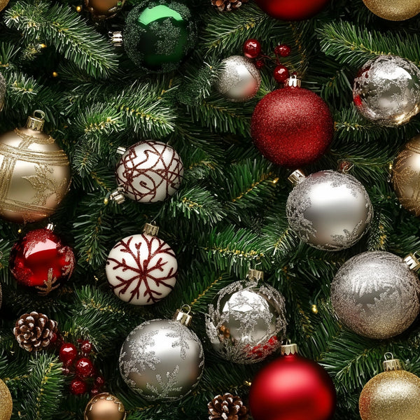 christmas ornaments, red baubles, silver ornaments, gold decorations, green foliage, evergreen branches, pine needles, white snowflakes, burgundy accents, metallic finish, holiday pattern, festive design, winter theme, realistic style,, fabric panel, christmas fabric, ornament collection, pine cones, cranberries