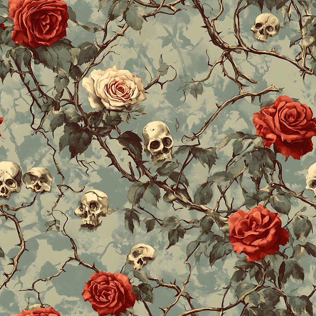 muted blue, sage green, deep red roses, cream roses, human skulls, thorny vines, gothic pattern, dark romantic, floral skulls, bramble thorns,, fabric panel, vintage style, macabre design, botanical elements, haunting mood, rose blooms, skeletal motifs, gothic floral, weathered aesthetic