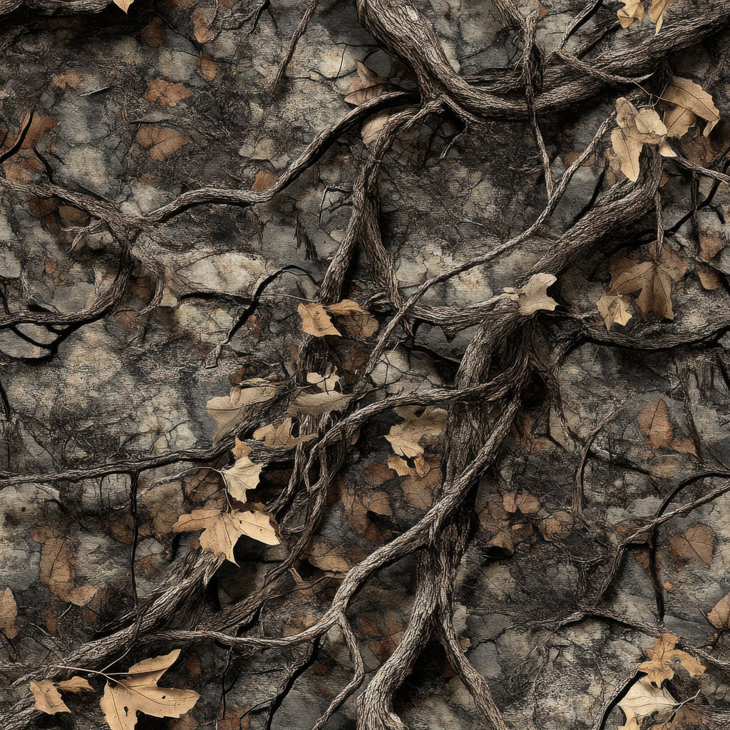 realistic camouflage, hunting camo, brown tones, tan colors, grey hues, black accents, dried leaves, twigs, branches, tree bark, forest floor, woodland pattern, outdoor theme, nature motif,, fabric panel, earthy palette, autumn leaves, natural camouflage, hunting gear
