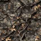 realistic camouflage, hunting camo, brown tones, tan colors, grey hues, black accents, dried leaves, twigs, branches, tree bark, forest floor, woodland pattern, outdoor theme, nature motif,, fabric panel, earthy palette, autumn leaves, natural camouflage, hunting gear