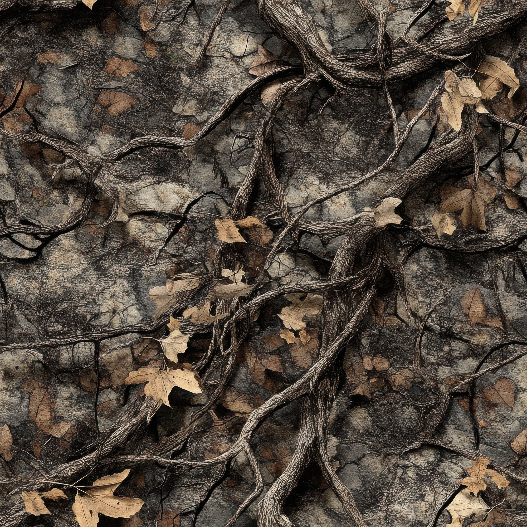 realistic camouflage, hunting camo, brown tones, tan colors, grey hues, black accents, dried leaves, twigs, branches, tree bark, forest floor, woodland pattern, outdoor theme, nature motif,, fabric panel, earthy palette, autumn leaves, natural camouflage, hunting gear