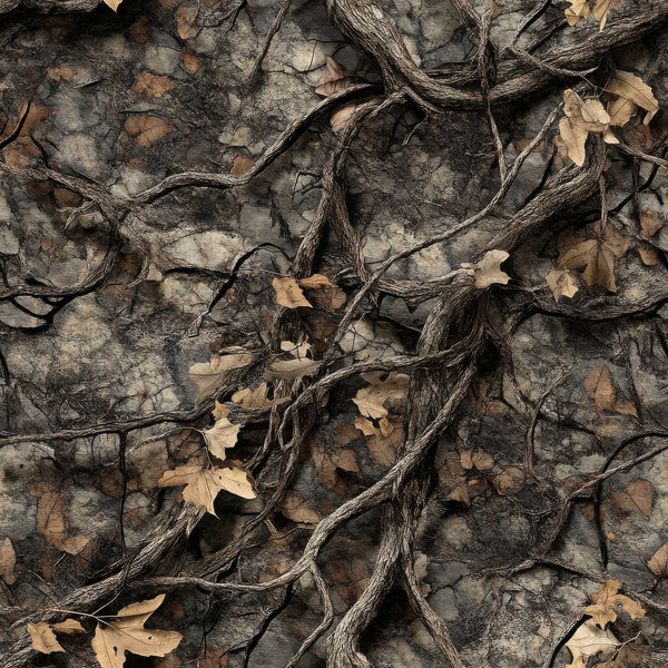 realistic camouflage, hunting camo, brown tones, tan colors, grey hues, black accents, dried leaves, twigs, branches, tree bark, forest floor, woodland pattern, outdoor theme, nature motif,, fabric panel, earthy palette, autumn leaves, natural camouflage, hunting gear
