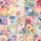 spring flowers, watercolor style, patchwork squares,, fabric panel, pink roses, blue florals, purple blooms, coral flowers, sage green, pastel colors, botanical motifs, floral patchwork, soft pastels, garden flowers, romantic florals, quilting blocks, cotton fabric, spring theme, delicate petals