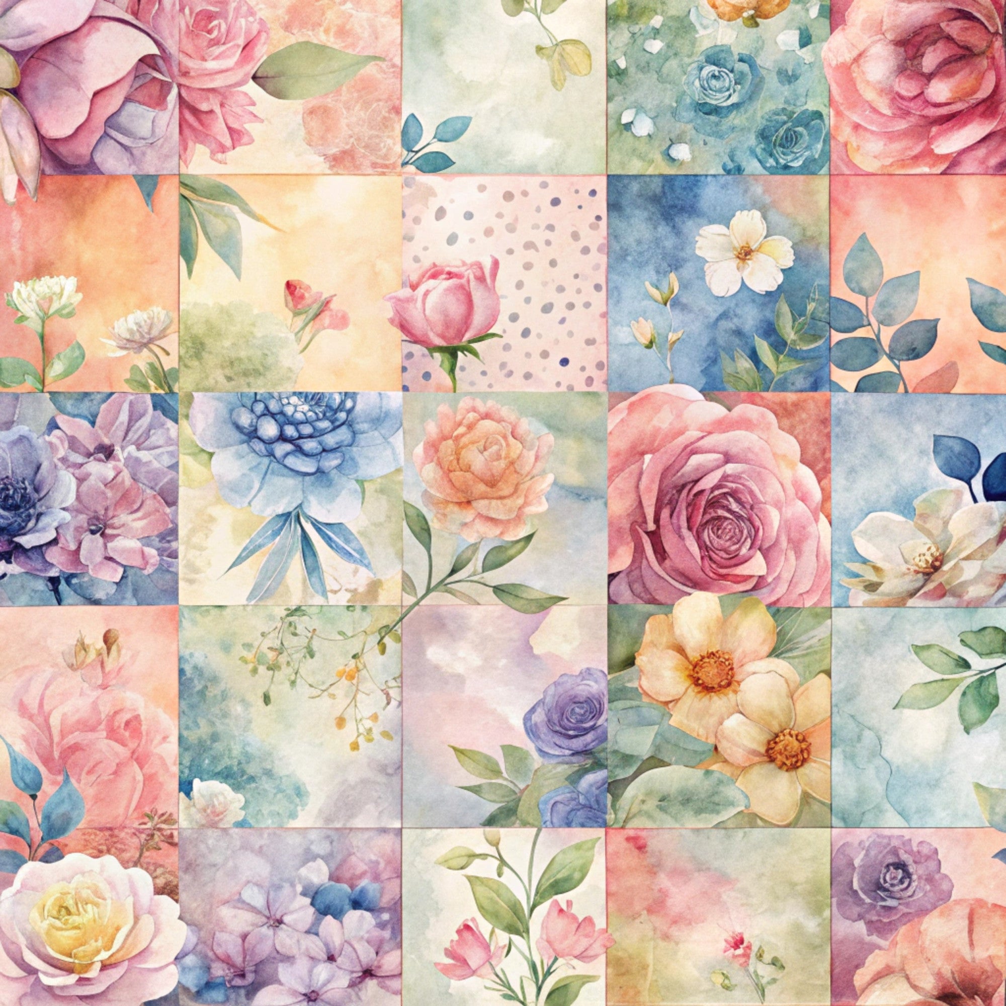 spring flowers, watercolor style, patchwork squares,, fabric panel, pink roses, blue florals, purple blooms, coral flowers, sage green, pastel colors, botanical motifs, floral patchwork, soft pastels, garden flowers, romantic florals, quilting blocks, cotton fabric, spring theme, delicate petals