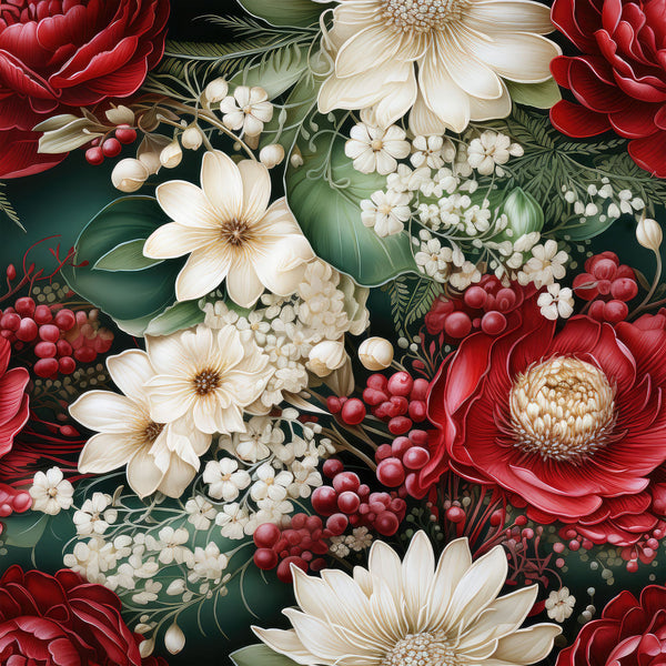 christmas florals, deep red flowers, cream white blooms, burgundy roses, ivory petals, red berries, dark green leaves, tropical foliage, floral pattern, botanical design, holiday theme,, fabric panel, rich colors, festive flowers, winter blooms, elegant florals, seamless repeat, luxurious texture, seasonal motifs