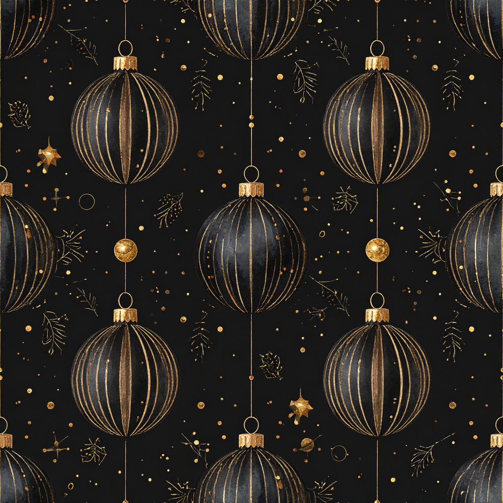 black and gold, gold ornaments, christmas, holiday, celestial, stars, elegant, luxurious, metallic gold, dark background, hanging baubles, festive, winter, sophisticated, modern, glittery, sparkly, decorative elements, seasonal, formal, shiny accents, geometric ornaments, striped spheres, rich black, premium, upscale, contemporary holiday, glamorous