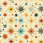 retro starburst, mid-century modern, atomic age, orange, teal, yellow, navy blue, cream background, geometric stars, sunburst motifs, scattered dots,, fabric panel, vintage inspired, 1950s style, radiating lines, celestial pattern, mod design, crafting material