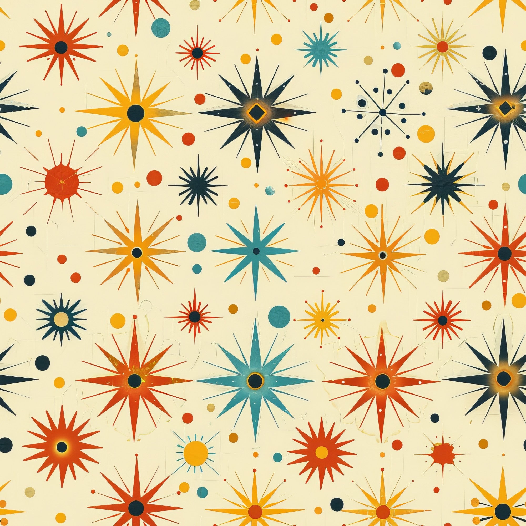 retro starburst, mid-century modern, atomic age, orange, teal, yellow, navy blue, cream background, geometric stars, sunburst motifs, scattered dots,, fabric panel, vintage inspired, 1950s style, radiating lines, celestial pattern, mod design, crafting material