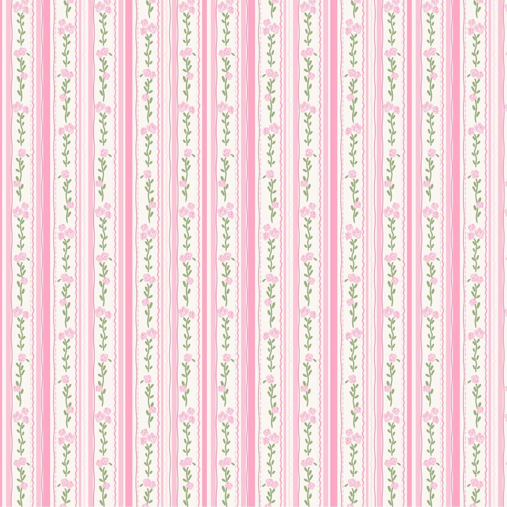 pink, white, green, floral stripes, vertical stripes, small flowers, botanical pattern, delicate blooms, cottage core, feminine, soft pastels,, fabric panel, repeating pattern, vintage inspired, romantic, garden flowers, spring motifs, shabby chic