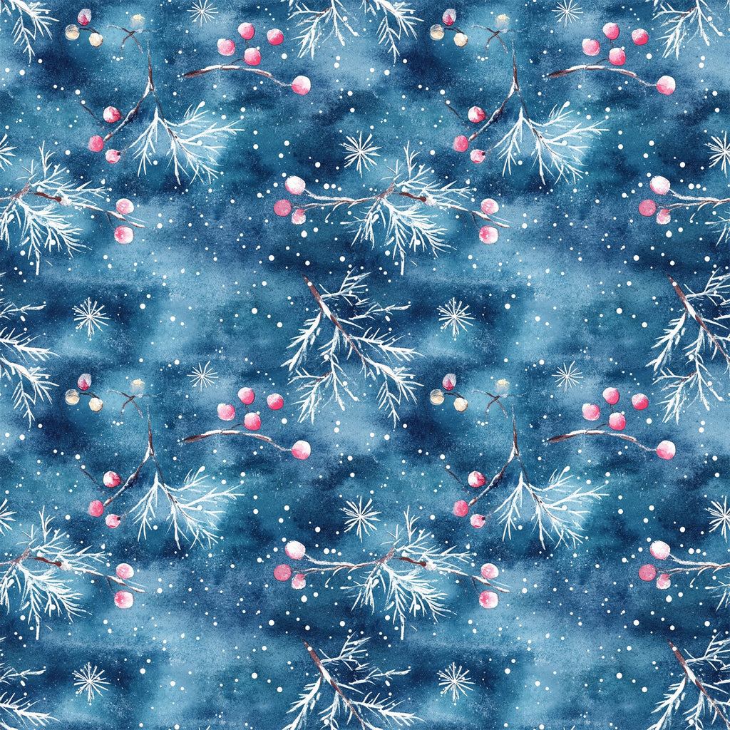 watercolor blue, christmas pattern,, fabric panel, winter berries, pine branches, snowflakes, starry night, deep blue, pink berries, white snow, botanical elements, holiday theme, seamless repeat, watercolor style, winter wonderland, festive design, crafting fabric, seasonal motifs, nature inspired