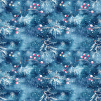 watercolor blue, christmas pattern,, fabric panel, winter berries, pine branches, snowflakes, starry night, deep blue, pink berries, white snow, botanical elements, holiday theme, seamless repeat, watercolor style, winter wonderland, festive design, crafting fabric, seasonal motifs, nature inspired