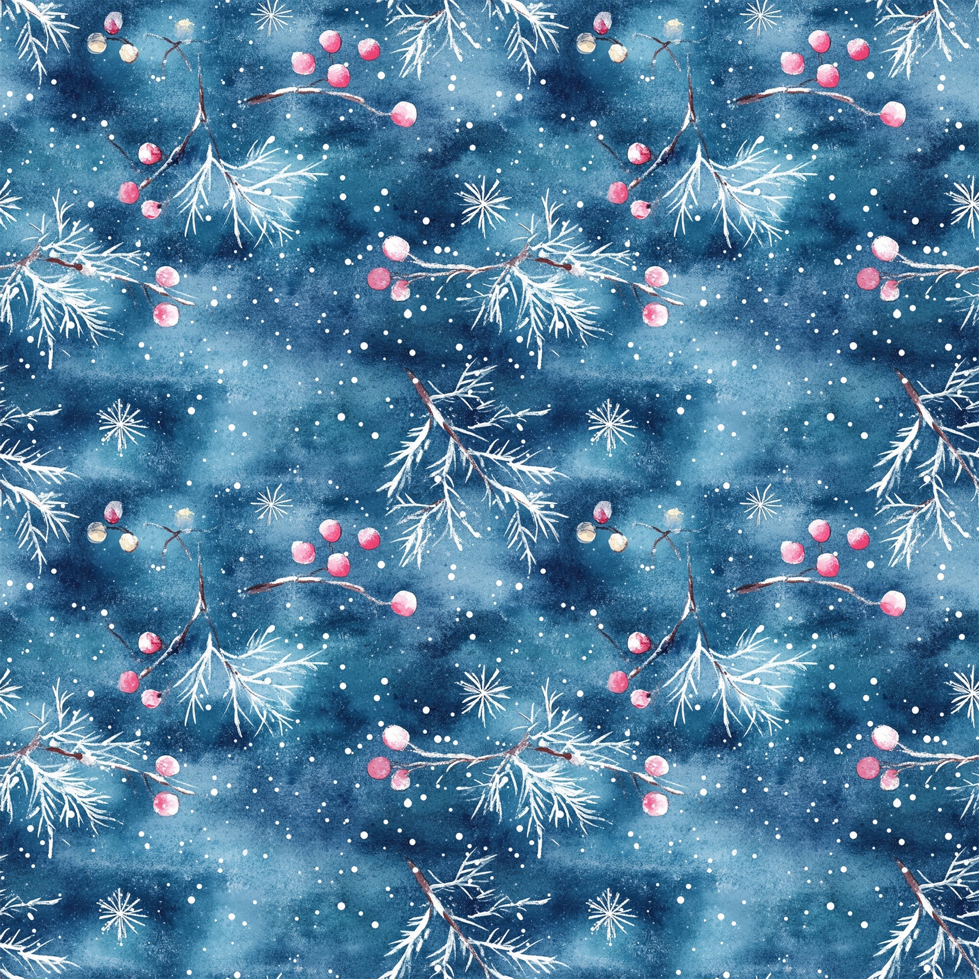 watercolor blue, christmas pattern,, fabric panel, winter berries, pine branches, snowflakes, starry night, deep blue, pink berries, white snow, botanical elements, holiday theme, seamless repeat, watercolor style, winter wonderland, festive design, crafting fabric, seasonal motifs, nature inspired