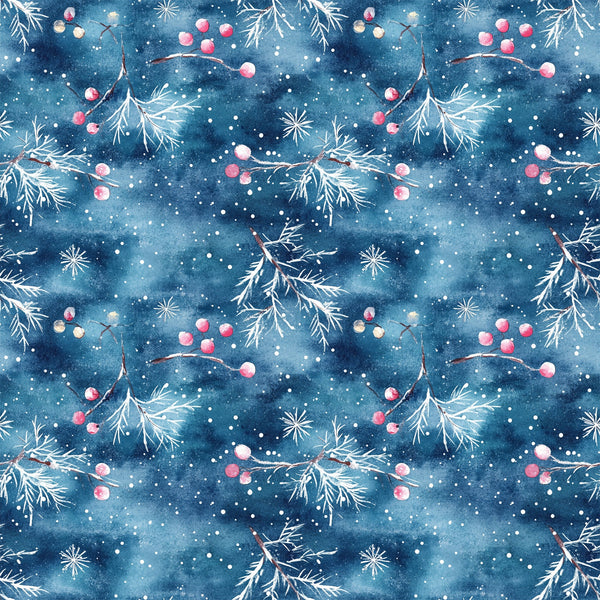 watercolor blue, christmas pattern,, fabric panel, winter berries, pine branches, snowflakes, starry night, deep blue, pink berries, white snow, botanical elements, holiday theme, seamless repeat, watercolor style, winter wonderland, festive design, crafting fabric, seasonal motifs, nature inspired