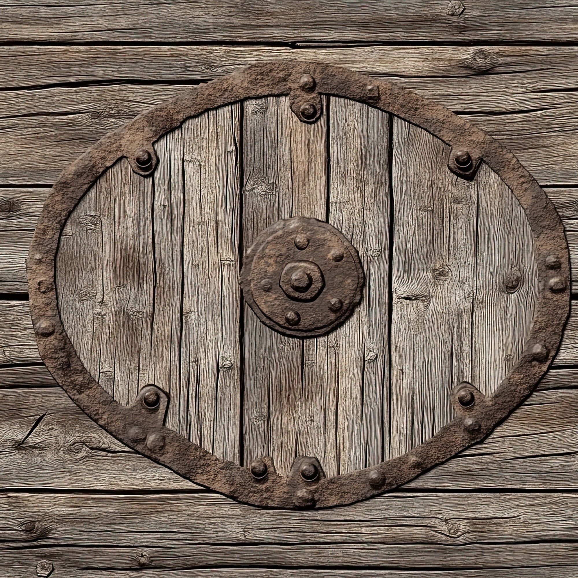 weathered wood, rustic shield, medieval armor, brown tones, tan colors, aged timber, viking shield, warrior equipment, metal studs, iron reinforcements, wooden planks, battle gear, historical weaponry, antiqued finish, earthy palette, combat shield, norse design, leather trim, oval shape